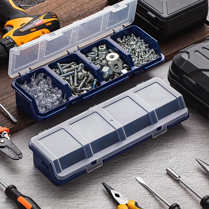 Hushee 6 Pcs Screw Organizer Box with Lid 4 Compartments Tool Bin Divider Plastic Stackable Hardware Organizer Small Part Storage Sorting Screw Box for Garage Workbench Craft Storage (Blue)
