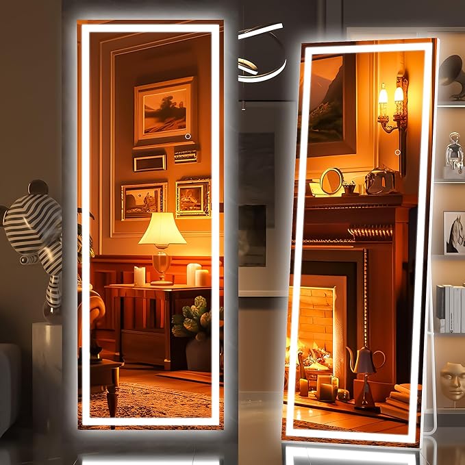 Hasipu Full Length Mirror with Lights, 58" x 18" LED Lighted Floor Standing, Full Body Dressing Hanging Mounted Mirror, Dimmable, Tempered Glass, Safe to Use, Square White