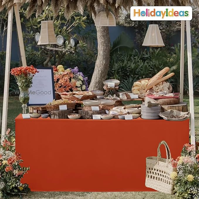 HolidayIdeas 4 Pack Fitted Tablecloth for 8ft Tables, Rust Table Cover for Christmas Vendor Booth Display, Market Stall, Craft Fair, Fall Festival, Wrinkle Resistant with Professional 4-Sided Coverage