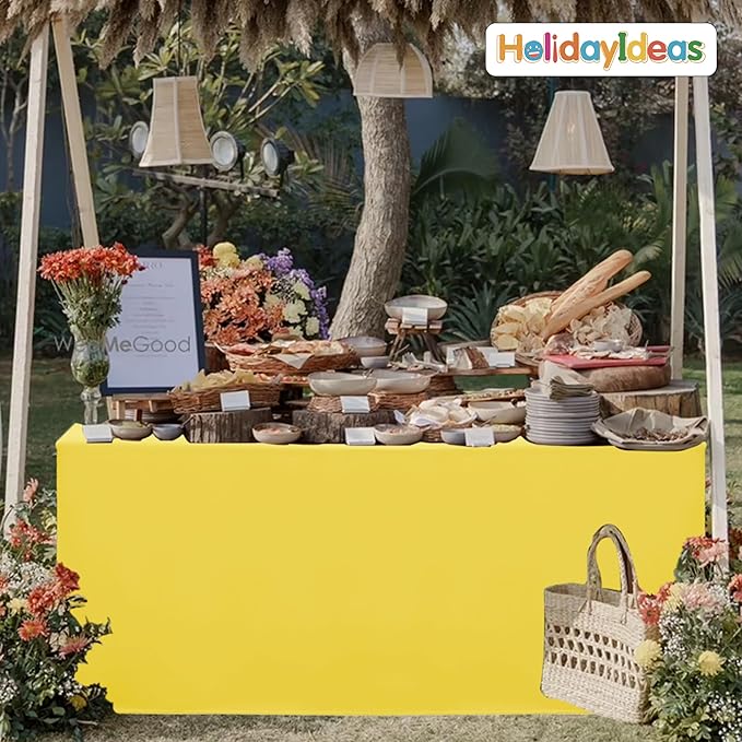 HolidayIdeas Fitted Tablecloths for 6 Foot Rectangle Table, Wrinkle Resistant Washable Table Cover 30x72 Inch for Vendor Booth Display, Banquet, Trade Show, Yellow, 4 Pcs