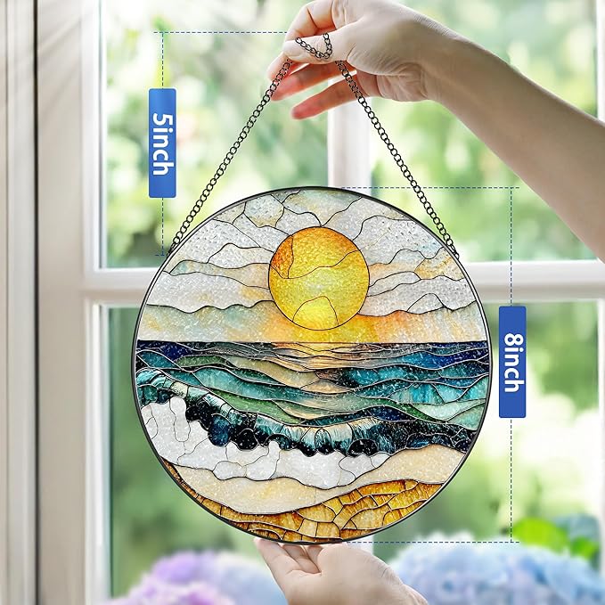 8-Inch Stained Glass Ornament, Stained Glass Window Hanging, Window Hanging Decor Suncatcher, Beach Sunset Ornament | Summer Vibes Gift | Gifts for Beach Lovers, Friend & Family