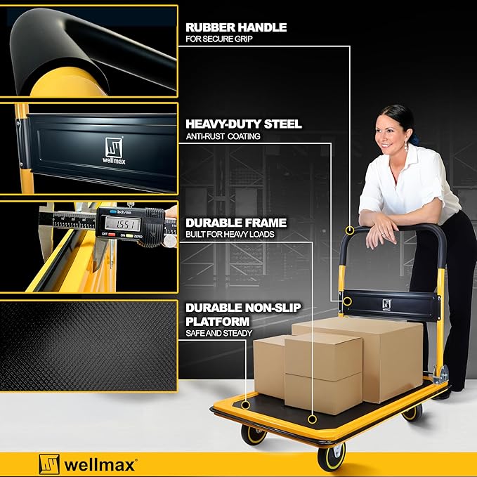 Push Cart Dolly by Wellmax, Moving Platform Hand Truck, Foldable for Easy Storage and 360 Degree Swivel Wheels with 660lb Weight Capacity, Yellow Color