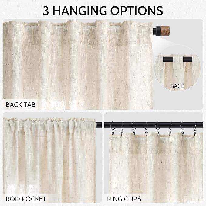 Nanspring Natural Linen Curtains 90 Inches Long for Living Room Country Semi Sheer Light Filtering Curtains Farmhouse Decor Boho Curtain for Bedroom Back Tab and Rod Pocket 52x90, 2 Panels