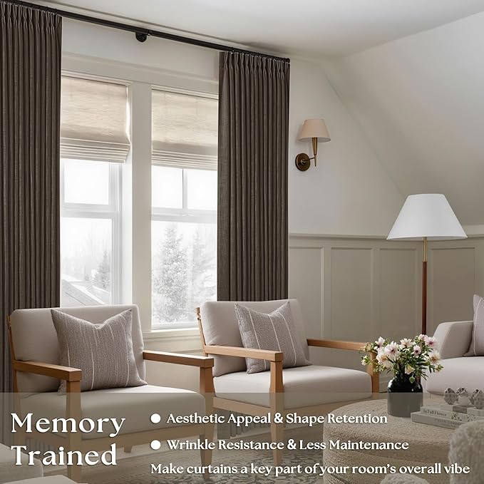 Dark Chocolate Pinch Pleated Linen Curtains 2 Panels for Living Room Bedroom Memory Training Shaped Semi Sheer Pleat Drapes with Hooks Rings Light Filtering Window Curtain 40x102