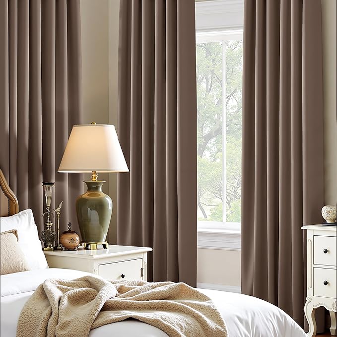 PONY DANCE Short Black Out Curtains 48 inch Long for Small Window, Rod Pocket Privacy Bathroom Draperies,Thermal Insulated Lighting Blocking Drapes for Basement(2 Panels Set,Mocha, W42 x L48 inches)