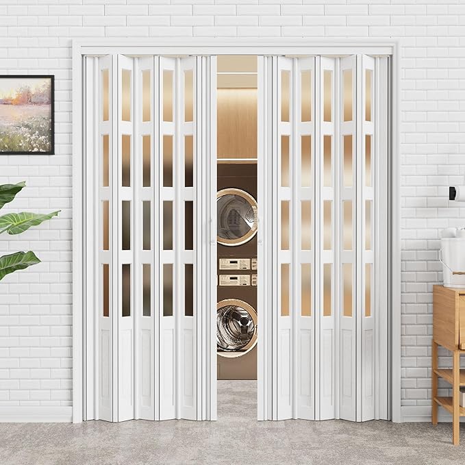97-120 x 80in (Double 49-60) Accordion Doors Interior Folding Door, 4 Frosted Acrylic Glass White PVC Accordion Door with Upgraded Roller & Handle& Complete Hardware for Closet Bathroom Doorways