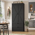 HOSTACK 70" Tall Kitchen Pantry Storage, Barn Doors Pantry Cabinet with Drawers and Adjustable Shelf, Modern Farmhouse Storage Cabinet for Kitchen, Dining Room, Living Room, Bathroom, Black