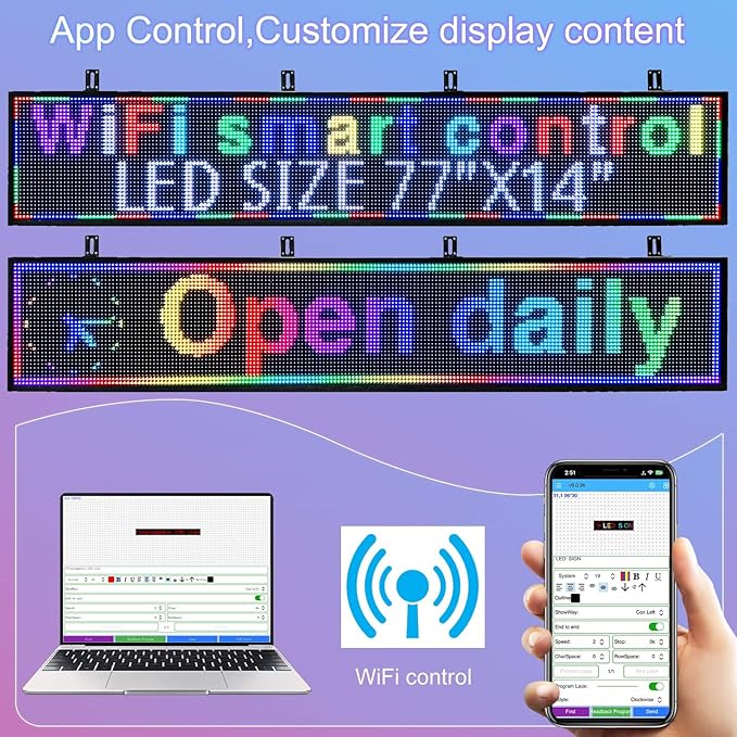 programmable led sign custom scrolling digital signage display screen outdoor for business electronic message board advertising marquee word light Wifi Control High Brightness Neon 77"X14"