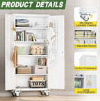 Greenvelly Metal Garage Cabinets with Wheels, 72" Rolling Storage Cabinet with Pegboards and Shelves, Tall Tool Cabinet with Locking Doors for Garage,Home Office,Warehouse(White)