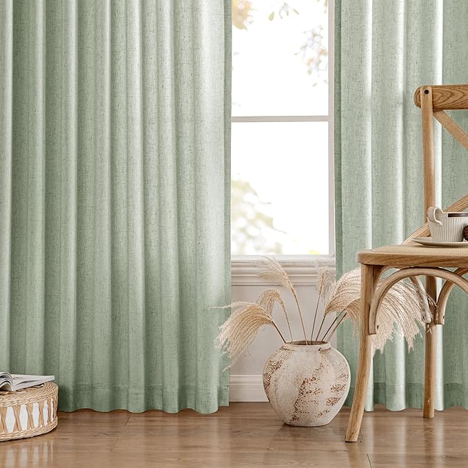 MIULEE Non-See-Through Privacy Linen Curtains 2 Panels, Sage Green Light Filtering Window Curtains 96 Inches Long, Farmhouse Textured Back Tab Semi Sheer Drapes for Bedroom Living Room, Light Green