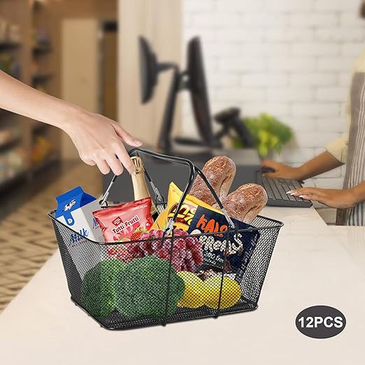 12Pcs Black Metal Shopping Basket, Durable Plastic Metal Handles Large Capacity Multifunctional Plastic Basket Portable with Stackable Shopping Baskets for Supermarket Bookstore Laundry Rooms Store