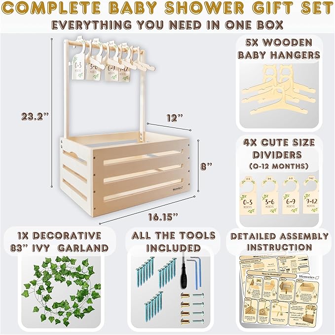 Wooden Baby Shower Crate Closet with Clothes Hangers & Dividers, Large Gift Basket for Boys & Girls, Wood Box Storage & Display with Handles & Ivy Garland, Welcome Gifts for New Parents