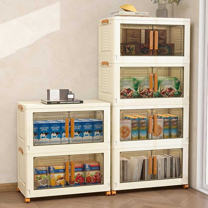 Plastic Stackable Storage Bins with 2 Lids and Wheels, 273.6QT-45.6QT*6Tier Foldable Closet Organizers and Containers, Collapsible Clear Drawer Storage Cabinet with Doors Ivory White