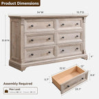 Farmhouse 6 Drawers Dresser for Bedroom, 54" Wide Large Dressers & Chests of Drawers w/Roman Column, Wooden Dresser TV Stand with Large Drawers for Nursery Bedroom Living Room Hallway,Light Rustic Oak