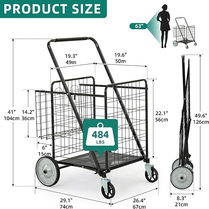 YITAHOME Heavy-Duty Jumbo Folding Shopping Cart with Wheels, Super Large Double Basket Grocery Cart, Collapsible Utility Cart for Shopping, Groceries, Laundry & Storage (Portable & Sturdy)