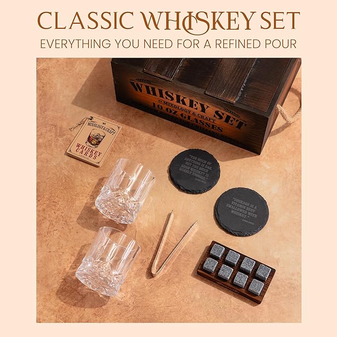 Mixology & Craft Whiskey Gift Set, Whiskey Glass Set with Rustic Wooden Crate, 8 Granite Whiskey Rocks Chilling Stones, 10oz Glasses, Raffle Gift for Men, Dad, Husband, Boyfriend - Jameson Dark Brown