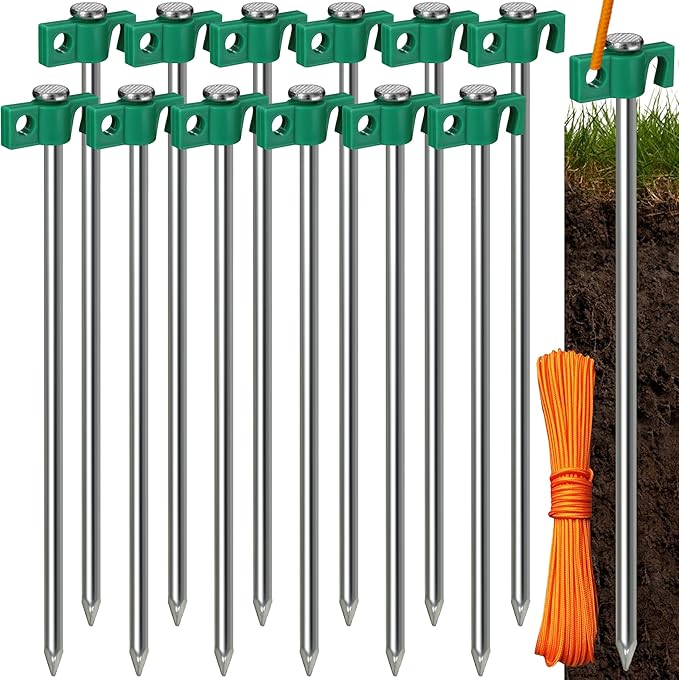 Tradesparker Tent Stakes 12-Pack 8Inch Heavy Duty Garden Stakes Canopy Anchors Double-Sided Hook Design - Includes Ropes for Camping Tents, Pop Up Canopies and Outdoor Events, Green