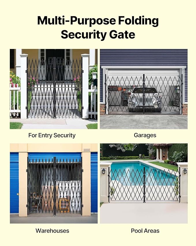 VEVOR Double Folding Security Gate, Lockable Scissor Gate with 360° Swivel Casters, Outdoor Barricade Steel Retractable Gates, for Entry Security, Garage, Warehouse & Pool, 155.12 x 86.81 in (W x H)