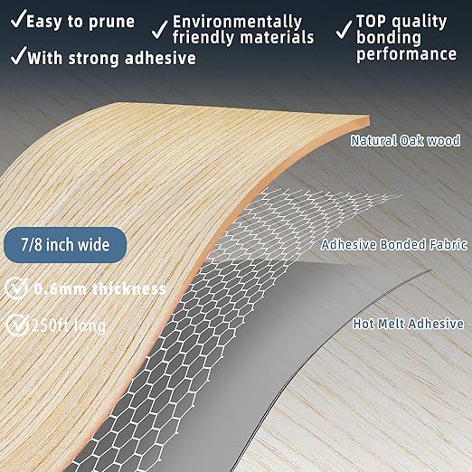 Oak Edge Banding, 7/8 inch x 250ft roll of Veneer White Edge Banding - Pre-glued Flexible, Real Wood Tape for Cabinet Repair & Furniture Restoration