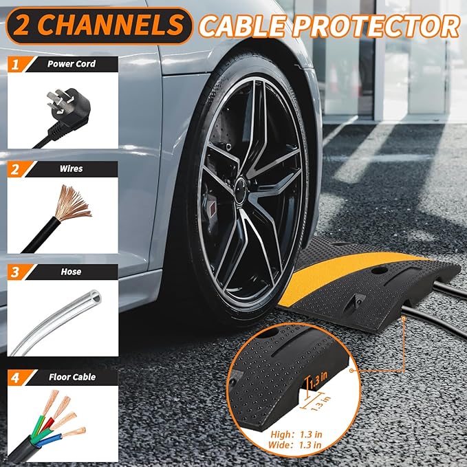 39.4" Rubber Speed Bumps 2 Pack - Heavy Duty Driveway & Parking Cable Protector Ramps, 2-Channel Modular Design for Asphalt & Gravel Roads, Includes 6 Bolts & Spikes