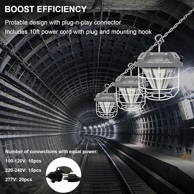 LED Temporary Work Light 100W, 15000 Lumen Construction Light, 5000K Daylight White, IP65 Waterproof Dustproof, Portable Hanging Lighting for Jobsite Workshop High Bay and Damp Locations