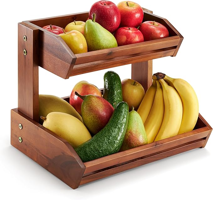 HOLANA Acacia 2 Tier Fruit Basket for Kitchen Counter Organizer – Wooden Fruit Bowl & Wooden Basket for Kitchen Counter Storage, Vegetable & Produce Storage, Snack Organizer for Countertop (Acacia)