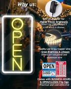 Open Signs for Business,Neon Open Sign Led,16.5"x 9",with Open/Closed Bussiness Hour Sign Set,Light for Bar Coffee Salon Store Window,12V/2A Adapter with ON/OFF Switch (Yellow/White Vertical)
