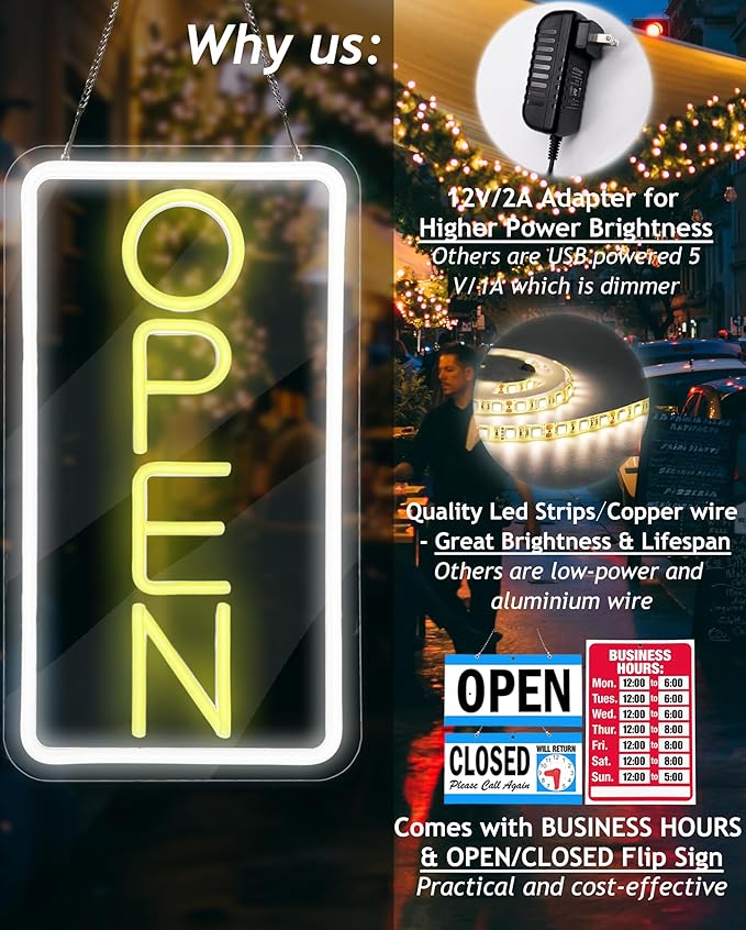 Open Signs for Business,Neon Open Sign Led,16.5"x 9",with Open/Closed Bussiness Hour Sign Set,Light for Bar Coffee Salon Store Window,12V/2A Adapter with ON/OFF Switch (Yellow/White Vertical)
