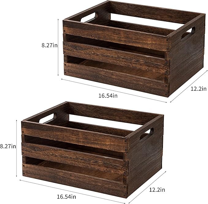 Rustic Vintage Brown Wooden Storage Crates Set, 2 Pack , 16.5 X 12 X 8.3''wood crate box，Handmade Farmhouse Decorative Crate with Handles for Books, Clothes Storage & Display