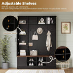 Merax Farmhouse Wood Hall Tree with Shoe Bench and 2 Drawers, 4-in-1 Coat Rack with 6 Hooks for Entrance, Hallway, Mudroom Black