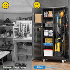 Mop and Broom Closet Storage Cabinet with Wheels and Pegboard,Metal Garage Storage Cabinet with Doors and Adjustable Shelves for Garage Home,Required Assembly,Black