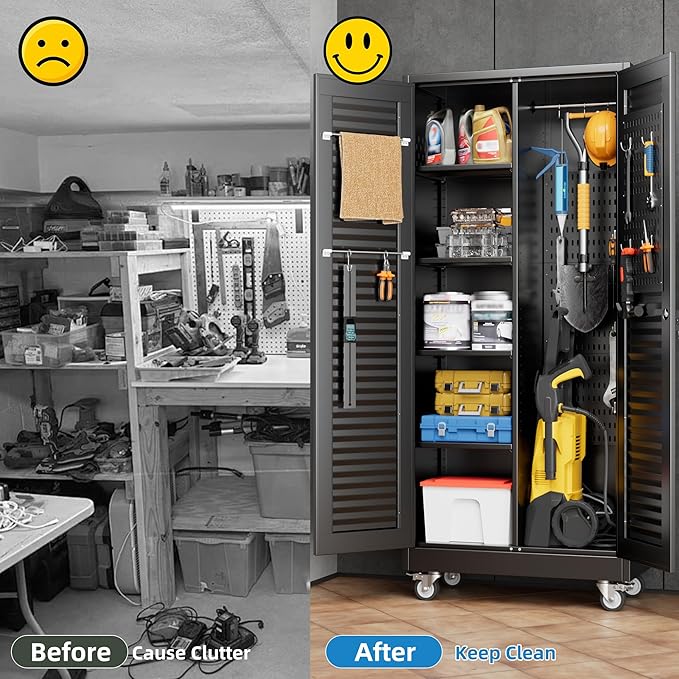 Mop and Broom Closet Storage Cabinet with Wheels and Pegboard,Metal Garage Storage Cabinet with Doors and Adjustable Shelves for Garage Home,Required Assembly,Black