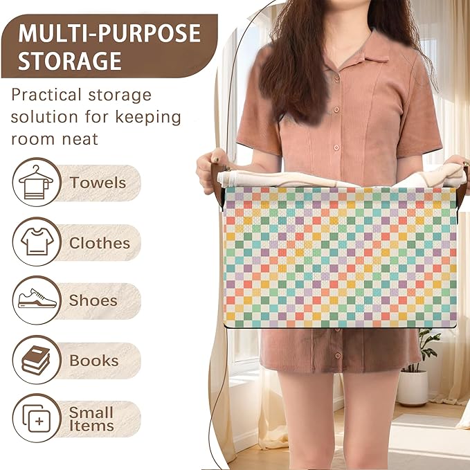 Collapsible Storage Bin - Foldable Fabric Organizer Basket with Handles for Home, Closet, Toy Room - Colorful Checkered Pattern (17x11.5x10.5 Inches) - Single Pack