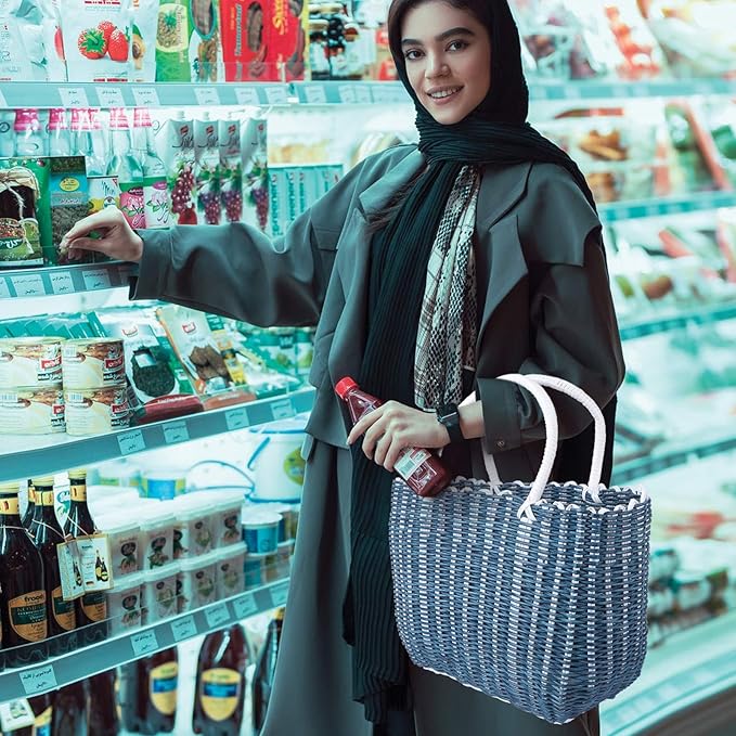 Basket Woven Tote Bag with Handle Large Capacity Shopping Tote Reusable Grocery Shopping Bag for Home, Travel and Shopping