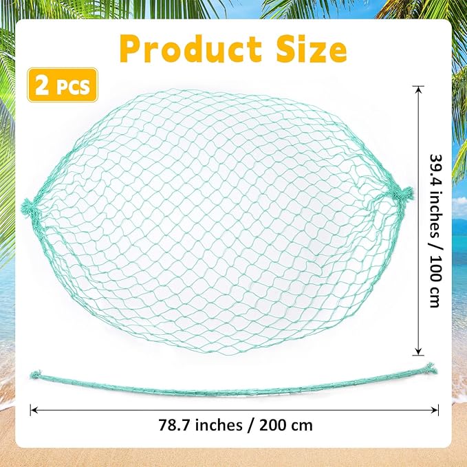 2 Pcs Fish Net Decorations, 39x78 Inch Cotton Nautical Themed Fishing Net, Wall Hanging Photo Display Fishnet for Coastal Bedroom Bathroom, Pirate Hawaiian Beach Under The Sea Party Decor, Sea Blue