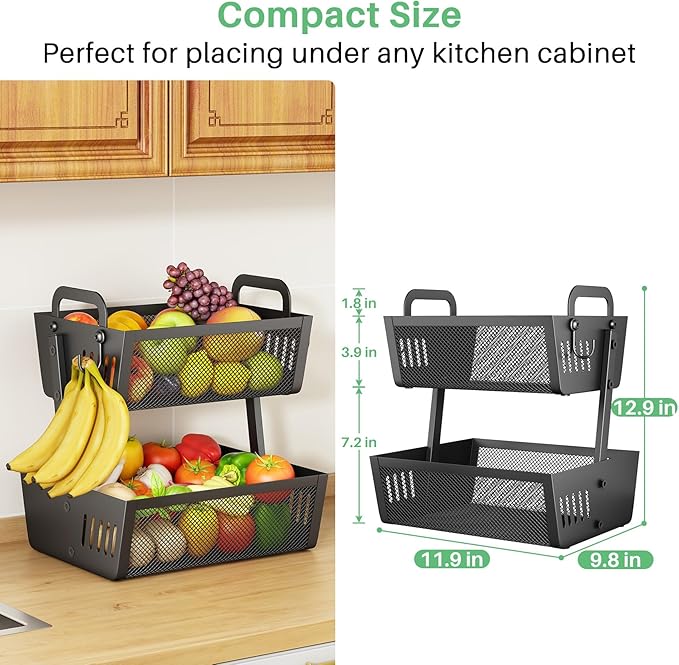 SAYZH Fruit Basket Bowls For Kitchen Counter with Banana Hangers - Detachable Metal Mesh Basket Fruit Stand with Handle - Kitchen Vegetables Bread Snacks Storage Organization, 2 Tier Black