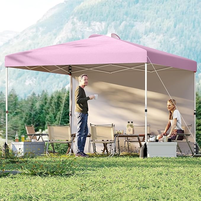 Tangkula 10x10 FT Pop up Canopy with Sidewall, Easy Setup Outdoor Tent with Wheeled Bag, 4 Sandbags, 4 Ropes, 4 Anchors, 8 Stakes, Vented Top, Portable Canopy Tent for Party Event Patio (Pink)