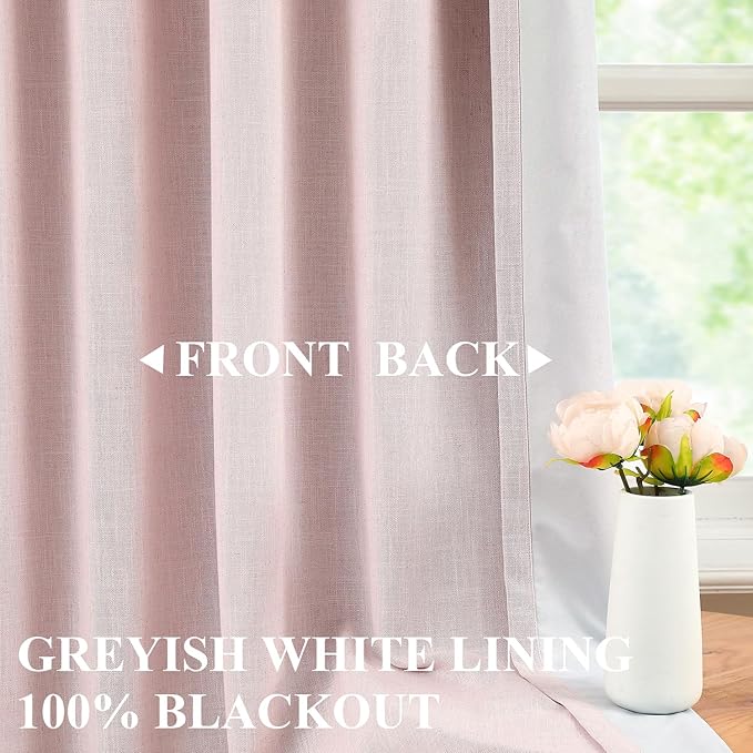 Vision Home Soft Pink Pinch Pleated Full Blackout Curtains Linen Blended Room Darkening Window Curtains 102 inch for Living Room Bedroom Thermal Insulated Pinch Pleat Drapes with Hooks 60" Wx102 Lx1