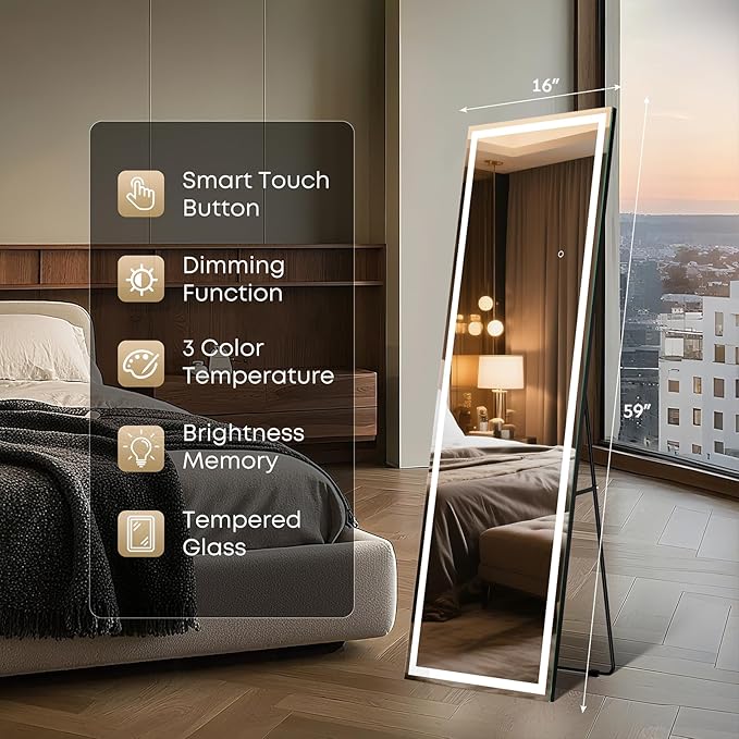 Kosmonia 59x16 Frameless Full Length Mirror, Dimmable 3 Color LED Light w/Memory Function, Distortion Free, HD Reflection & Anti Desilvering, Tempered Glass & Shatter Proof Film Doubling Safety