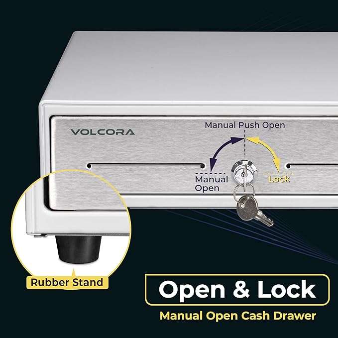 Volcora 13" Manual Push Open Cash Register Drawer for Point of Sale (POS) System - White with Stainless Steel Front Touch Panel - with 4 Bills and 5 Coin Slots, Key Lock with Removable Coin Tray