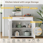 Kitchen Island with Storage, Wooden Rolling Kitchen Island On Wheels with Wood Top, Mobile Kitchen Bar Cart Cabinet with Towel Rack, Spice Rack and Drawers, White