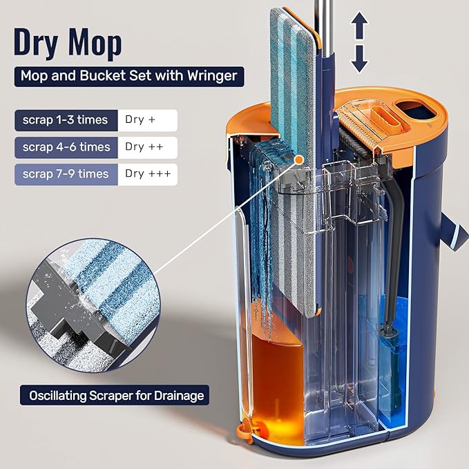 Mop and Bucket Set with Wringer, 3-Tank Flat Mop and Bucket System, Wall Mop Cleaner with Long Handle, Hands Free Mops for Floor Cleaning with 6 Microfiber Pads