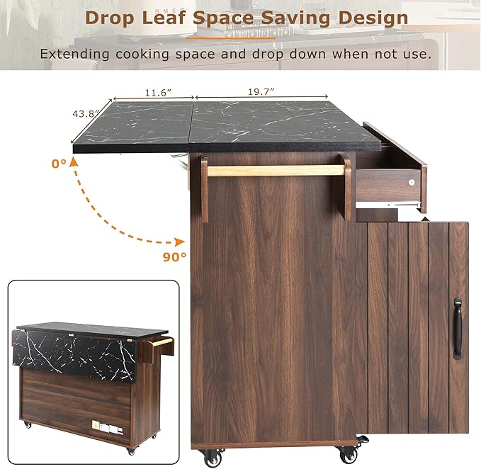 51" Moveable Kitchen Island with Trash Can Storage Cabinet, Kitchen Cart with Drop Leaf, Spice Rack, Towel Rack and Drawer, Rolling Kitchen Island on 5 Wheels with Adjustable Shelf