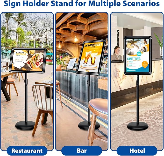 2-Pack 11x17 Inch Adjustable Sign Stand & Floor Standing Sign Holder - Pedestal Poster Stand with Vertical & Horizontal View Display for Indoor/Outdoor Business & Store Signage (Black)