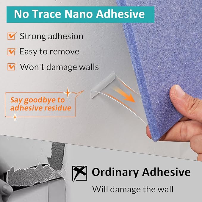 Large Bulletin Board 48" x 36" - 12 Pack Felt Wall Tiles with 60 Pcs Safe Removable Adhesive Tabs & 40 Pcs Pushpins, Cork Board for Office, School & Dart Wall Protector - Purple Blue