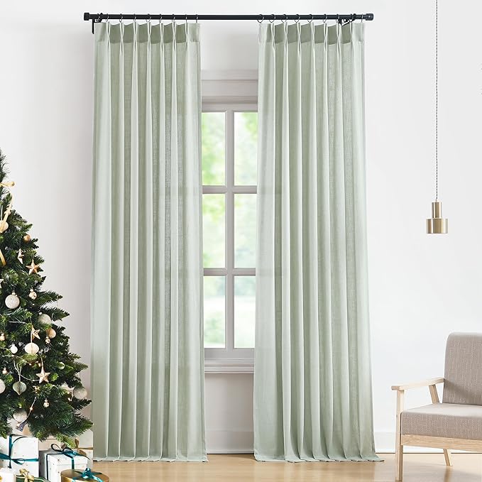 Vision Home Soft Green Pinch Pleated Semi Sheer Curtains Textured Linen Blended Light Filtering Window Curtains 95 inch for Living Room Bedroom Pinch Pleat Drapes with Hooks 2 Panels 40" Wx95 L