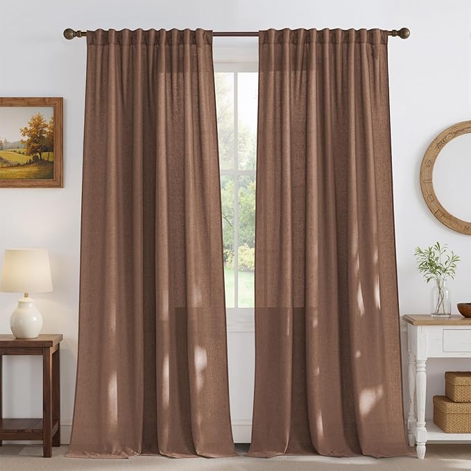 NICETOWN Thick Linen Semi Sheer Gold Brown Curtains for Living Room, Pleat Tape Semi Sheer Drapes Privacy Added with Light Filtering Window Treatments for Bedroom, W52 x L84, 2 Panels