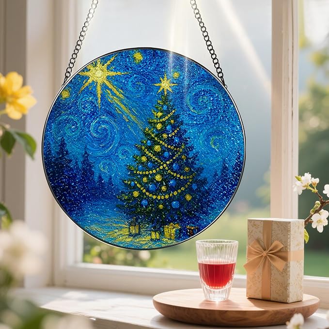 8-Inch Starry Night Christmas Tree Stained Glass Window Hanging & Ornament: Stained Glass Suncatcher Ornament, Sun Catcher Window Decor – Gifts for Christmas, Holiday Present, Gift Exchange, Gift Idea