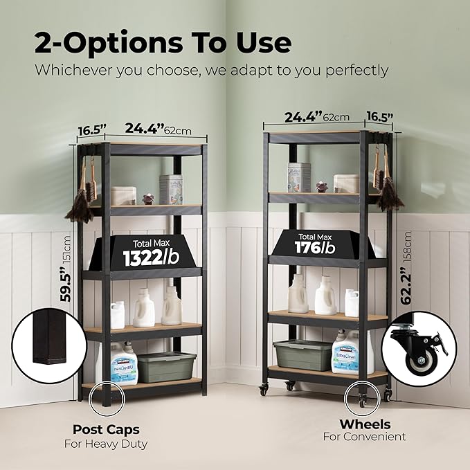 HOMEDANT House 5-Tier Metal Rolling Cart Shelf Rack Casters Heavy Duty Laminated Wheel Shelving Unit Adjustable Utility Storage Shelves Organizer Shelf Kitchen Garage (2, (S) 24.4" W, Black)