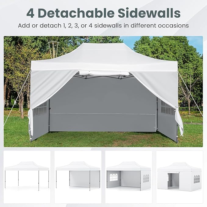 Tangkula 10x14 FT Pop Up Canopy, Outdoor Tent with 4 Sidewalls, Roll-up Door, Wheeled Bag, 4 Sandbags, 8 Stakes, 4 Wind Ropes, Portable Canopy Tent for Beach Party Event Camping (White)